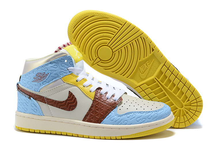 New Air Jordan 1 GS White Baby Blue Yellow Brown Shoes